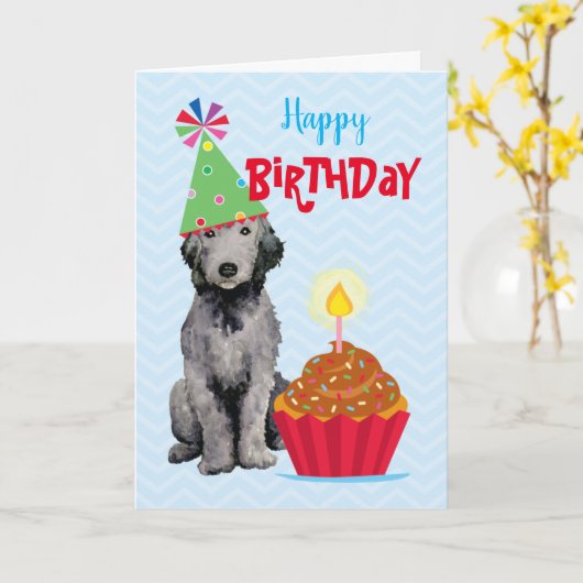 Birthday Cupcake Bedlington Terrier Card Kaart (Gele Bloem)