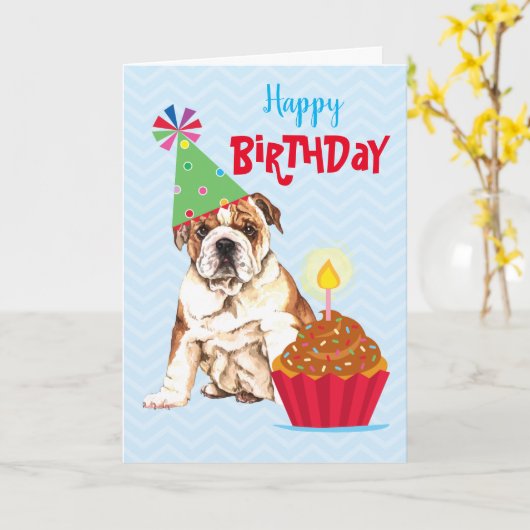 Birthday Cupcake Bulldog Kaart (Gele Bloem)