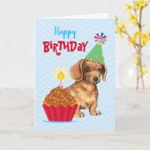 Birthday Cupcake Dachshund Kaart (Gele Bloem)