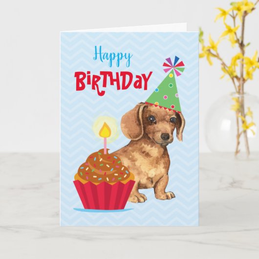 Birthday Cupcake Dachshund Kaart (Gele Bloem)