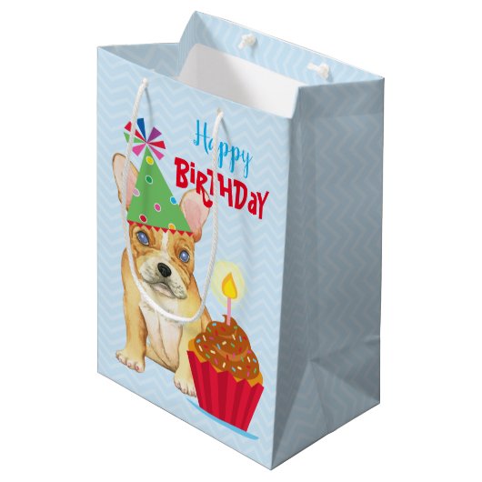 Birthday Cupcake French Bulldog Medium Gift Bag Medium Cadeauzakje (Voorkant Gekanteld)