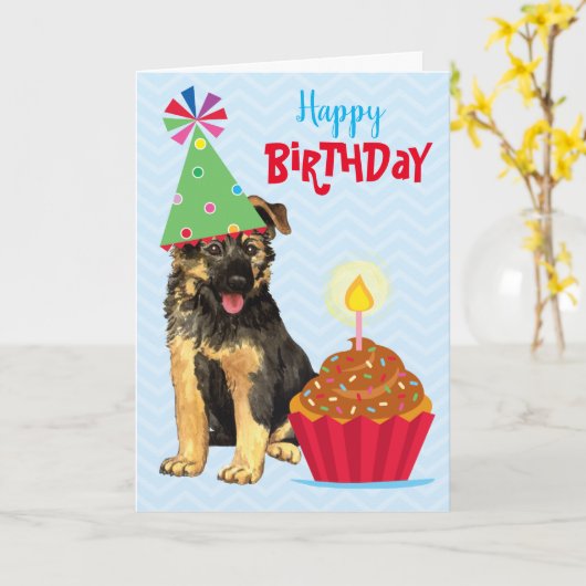 Birthday Cupcake German Shepherd Card Kaart (Gele Bloem)