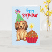 Birthday Cupcake Longhaire Dachshund Kaart (Gele Bloem)