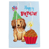 Birthday Cupcake Longhaire Dachshund Medium Cadeauzakje (Voorkant)
