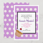 Birthday Cupcake op een Paarse poladots Kaart (Voorkant / Achterkant)