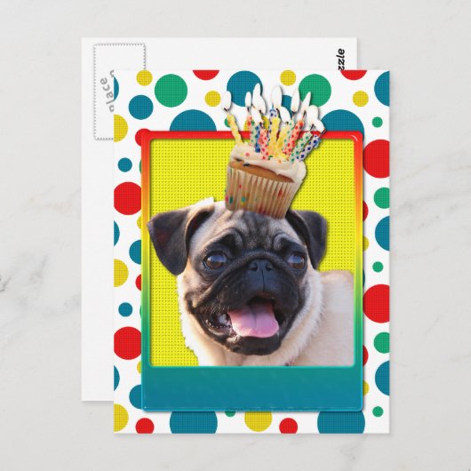 Birthday Cupcake - Pug Briefkaart (Voorkant / Achterkant)