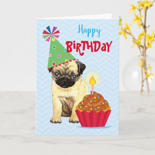 Birthday Cupcake Pug Kaart (Gele Bloem)