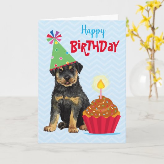 Birthday Cupcake Rottweiler Kaart (Gele Bloem)