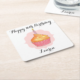 Birthday Cupcake roze gepersonaliseerd Kartonnen Onderzetters