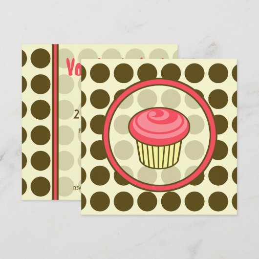 Birthday Cupcake Uitnodiging - Roze met bruine Sti (Voorkant / Achterkant)