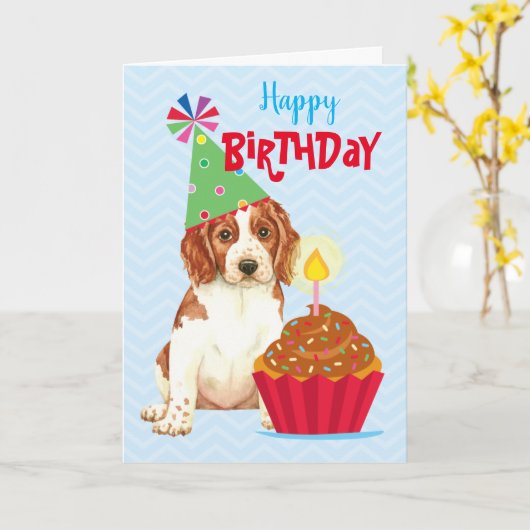 Birthday Cupcake Welsh Springer Spaniel Kaart (Gele Bloem)