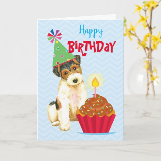 Birthday Cupcake Wire Fox Terrier Kaart (Gele Bloem)