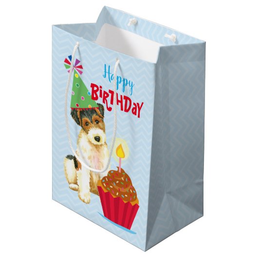 Birthday Cupcake Wire Fox Terrier Medium Cadeauzakje (Voorkant Gekanteld)