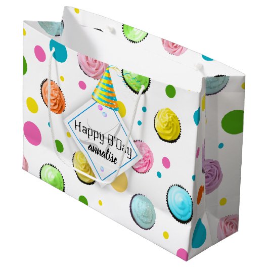 Birthday Cupcakes and Stippen Monogram Large Cadeautasje (Voorkant Gekanteld)
