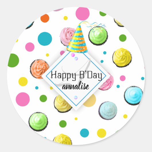 Birthday Cupcakes and Stippen Monogram Ronde Sticker (Voorkant)