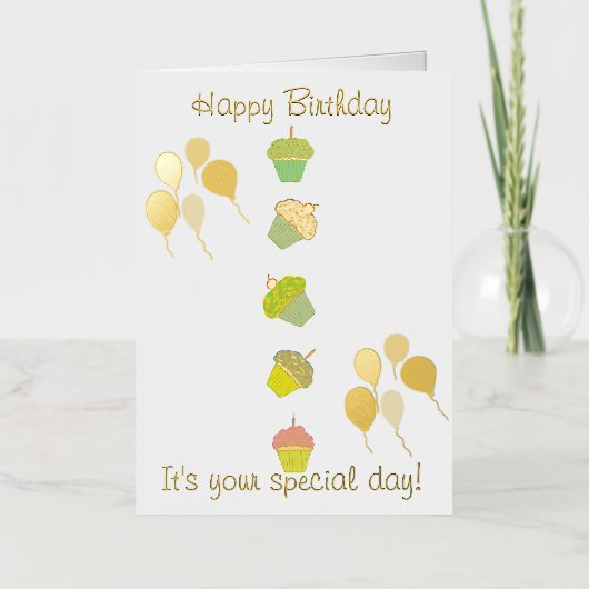 Birthday Cupcakes Balloons Folie Wenskaart (Voorkant)