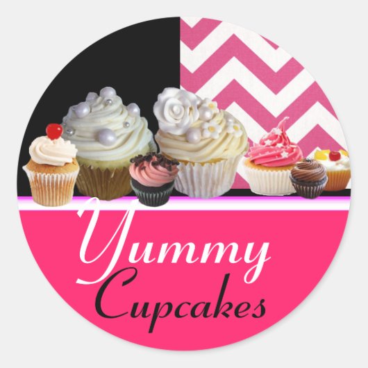 BIRTHDAY CUPCAKES/PINK WHITE CHEVRON ROUND RONDE STICKER (Voorkant)