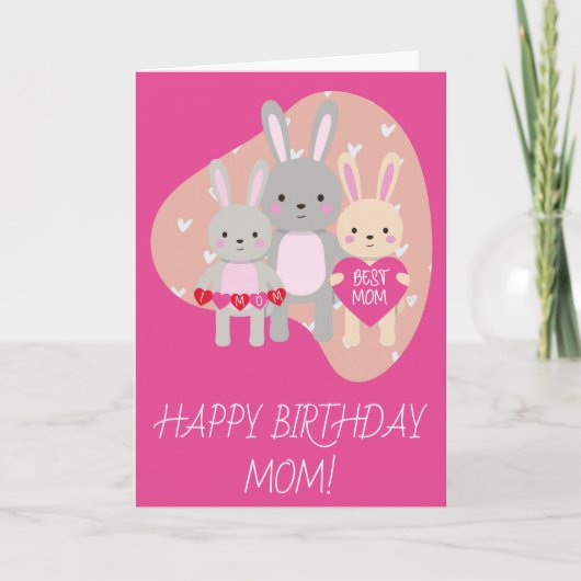 Birthday Cute Best Mam Bunny Rabbit Pink Hearts Kaart (Voorkant)