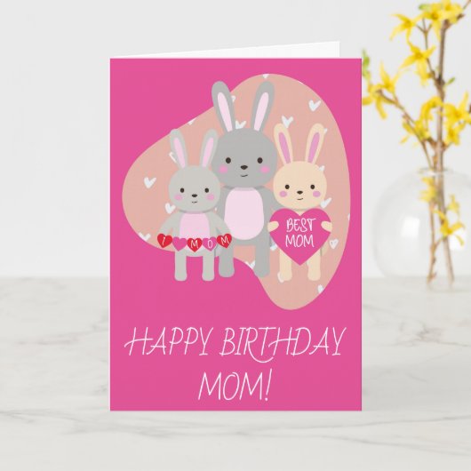 Birthday Cute Best Mam Bunny Rabbit Pink Hearts Kaart (Gele Bloem)