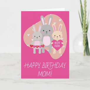Birthday Cute Best Mam Bunny Rabbit Pink Hearts Kaart