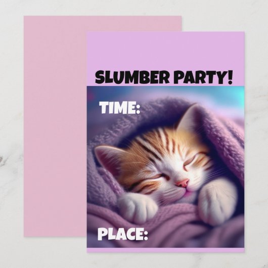BIRTHDAY CUTE CAT-INVITATIES VAN SLUMBER PARTIJ KAART (Voorkant / Achterkant)