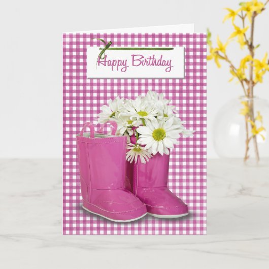 Birthday Daises in roze Boots Kaart (Gele Bloem)