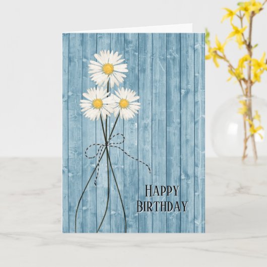 Birthday Daisies on Blue Wood Kaart (Gele Bloem)