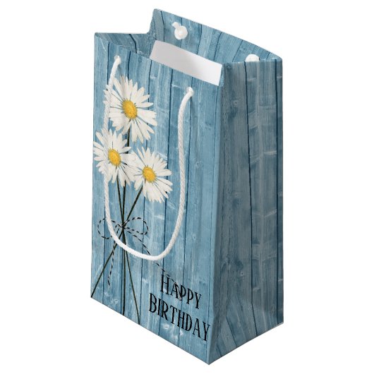 Birthday Daisies op Paars hout Klein Cadeauzakje (Voorkant Gekanteld)