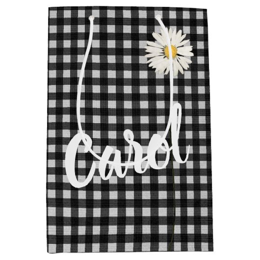 Birthday Daisy en naam op Gingham Medium Cadeauzakje (Voorkant)