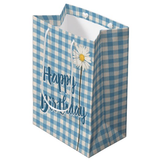 Birthday Daisy on Aqua Gingham Medium Gift Bag Medium Cadeauzakje (Voorkant Gekanteld)