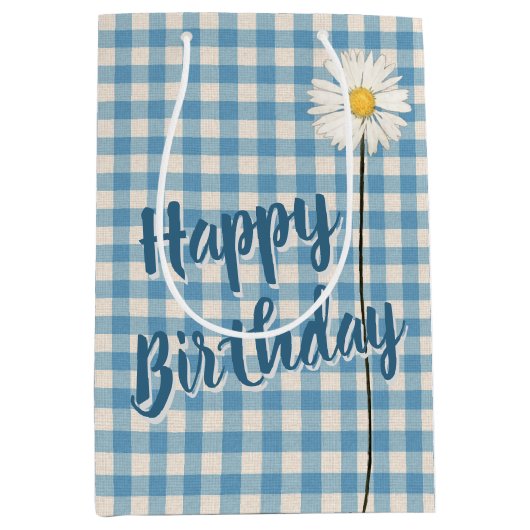 Birthday Daisy on Aqua Gingham Medium Gift Bag Medium Cadeauzakje (Voorkant)