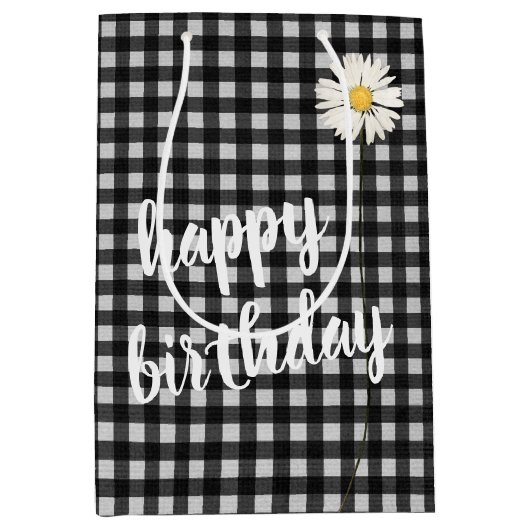 Birthday Daisy on Black and White Gingham Medium Cadeauzakje (Voorkant)