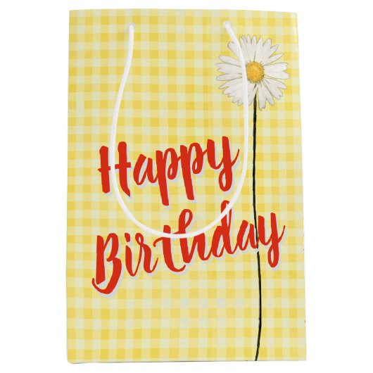 Birthday Daisy on Yellow Gingham Medium Cadeauzakje (Voorkant)