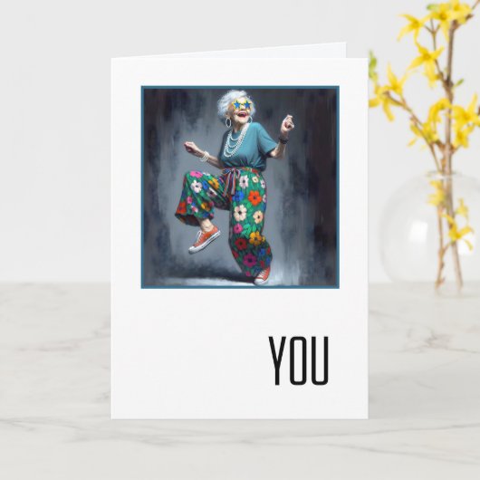 Birthday Dancing Old Lady  Kaart (Gele Bloem)