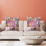 Birthday dark roze foto collage kussen<br><div class="desc">Een unieke gave voor een vrouw van 50e (of elke leeftijd) verjaardag, die haar leven viert met een collage van 8 van je eigen foto's, afbeeldingen. Geef haar naam, leeftijd 50 jaar en datum een persoonlijk tintje. Een kikkerblauwe achtergrond. De naam wordt geschreven met een modern handgeschreven stijlmanuscript met letters....</div>