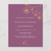 Birthday dark roze goud floral budget uitnodiging (Voorkant)