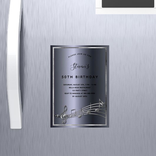 Birthday dark Silver muzieknoten nodigmagneet uit Magnetische Uitnodiging