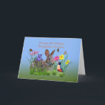 Birthday, Daughter-in-l, Bunny, Butterflies, Robin Kaart<br><div class="desc">Een verjaardagskaart voor een schoondochter is voorzien van kleurrijke bloemen, een rode, gebrande roodrover, een bruin konijnenkonijn en vlinders die boven de gele, rode, paarse en roze bloemen vliegen. Het binnenversum is een tekst sjabloon en wordt gemakkelijk veranderd of geschrapt. De bloemen zijn afbeeldingen van kunstenaar Dana Conditt bij Digital...</div>