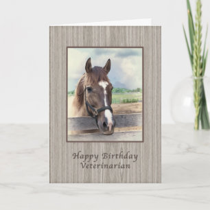 Birthday, dierenarts, bruin paard met bridle kaart