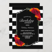 Birthday Dinner Black White Striped Floral Kaart (Voorkant / Achterkant)