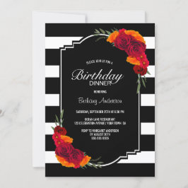 Birthday Dinner Black White Striped Floral Kaart