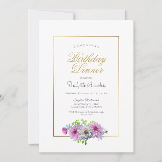 Birthday Dinner Pink Blue Floral Gold Border Party Kaart (Voorkant)