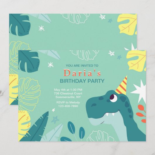 Birthday Dinosaur Party Kaart (Voorkant / Achterkant)