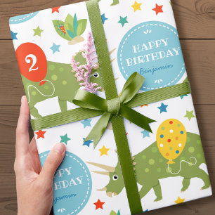 Birthday Dinosaur Triceratops Eigen naam Leeftijd Cadeaupapier
