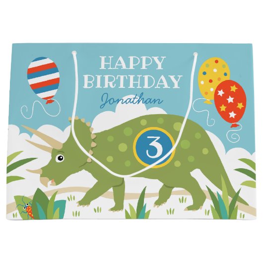 Birthday Dinosaur Triceratops Eigen naam Leeftijd Groot Cadeauzakje (Voorkant)