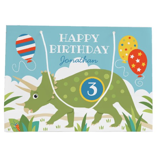 Birthday Dinosaur Triceratops Eigen naam Leeftijd Groot Cadeauzakje (Achterkant)