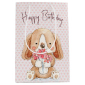 Birthday Dog met bloemen op roze harten Medium Cadeauzakje (Voorkant)