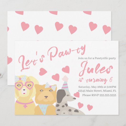 Birthday Dog Paw-ty Party Hearts Valentijns Kaart (Voorkant / Achterkant)