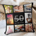 Birthday douane foto collage zwarte zwarte kussen<br><div class="desc">Een unieke gave voor een vrouw van 50e (of elke leeftijd) verjaardag, die haar leven viert met een collage van 8 van je eigen foto's, afbeeldingen. Geef haar naam, leeftijd 50 jaar en datum een persoonlijk tintje. Een zwarte achtergrond. Grijze en witte letters en cijfers. De naam wordt geschreven met...</div>