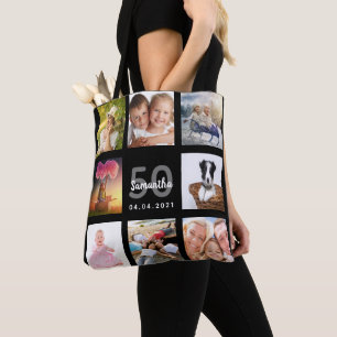 Birthday douane foto collage zwarte zwarte tote bag